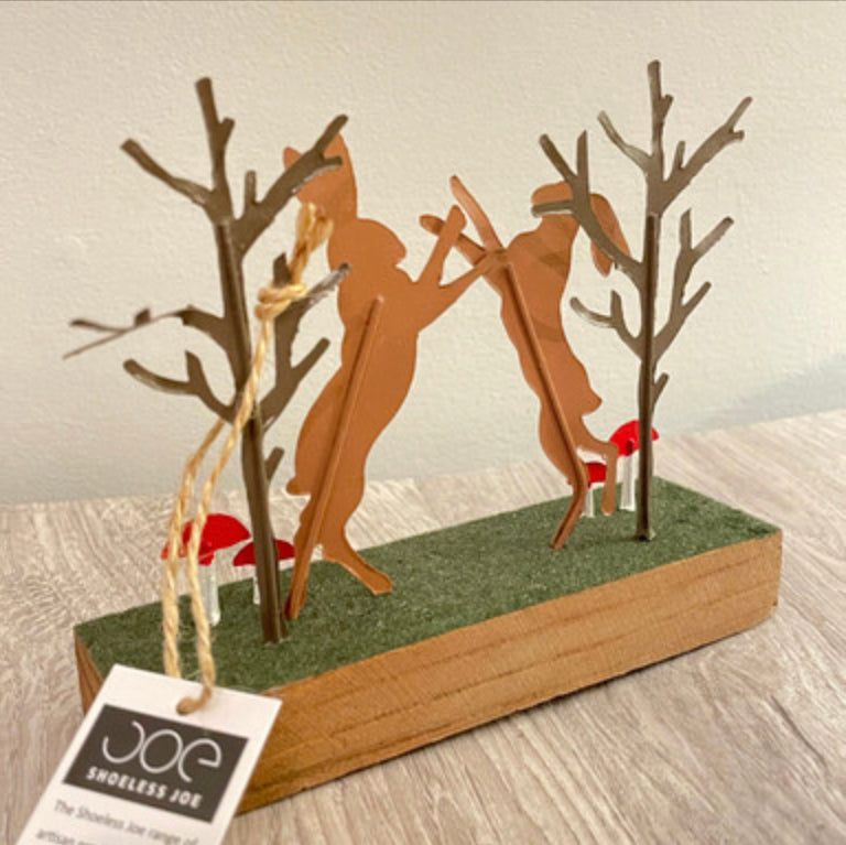 Boxing hares on block standing ornament by Shoeless Joe