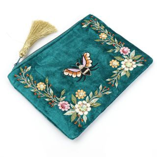 Teal velvet floral bee coin purse