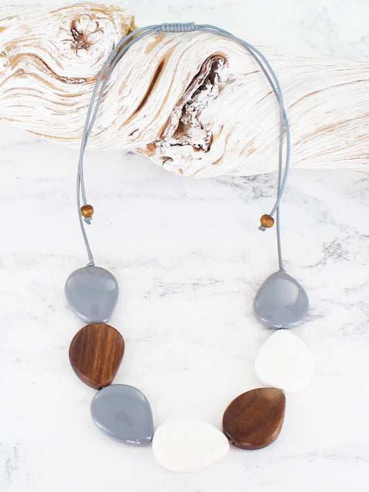Resin & Wood Pebble Necklace - White/Grey/Brown By Suzie Blue