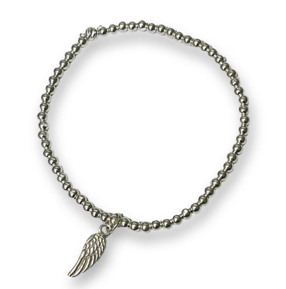 Sterling silver beaded bracelet with angel wing charm