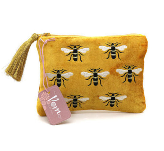 Mustard velvet embroidered bee small make up pouch/bag by POM