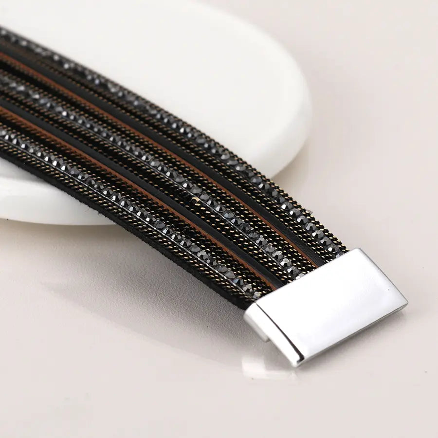 Black and bronze multi layer leather crystal cuff