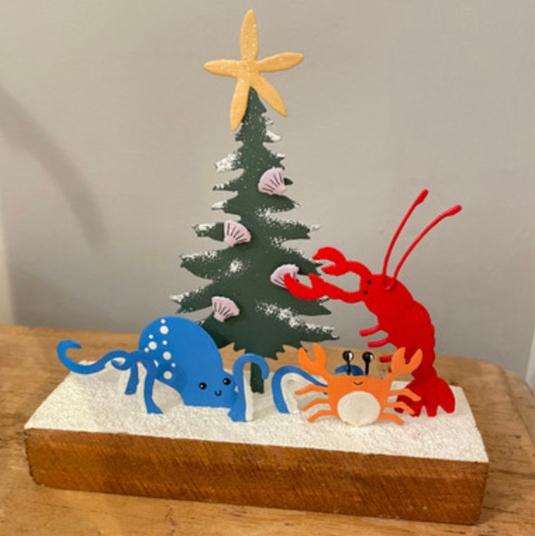 Lobster, octopus & crab decorating the Christmas tree. Standing ornament by Shoeless Joe