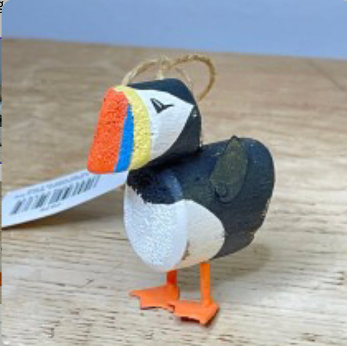 Wooden puffin sitting or standing hanging ornament by Shoeless Joe