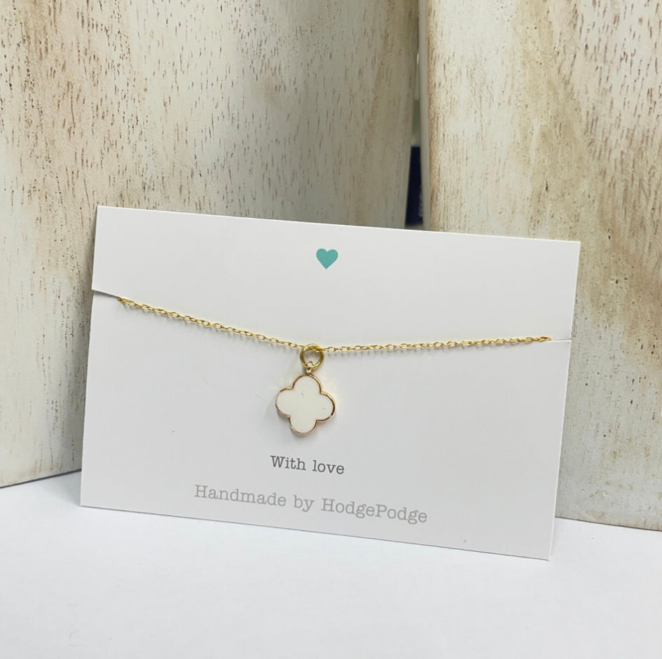 Enamel & gold clover necklace. Fine cable chain