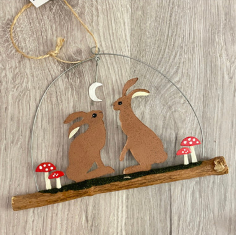 Hares on twig hanging decoration by Shoeless Joe