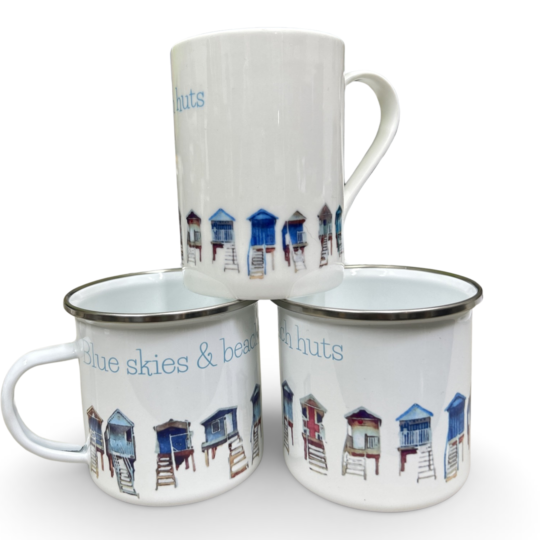 Blue skies & beach huts enamel or fine bone China mug