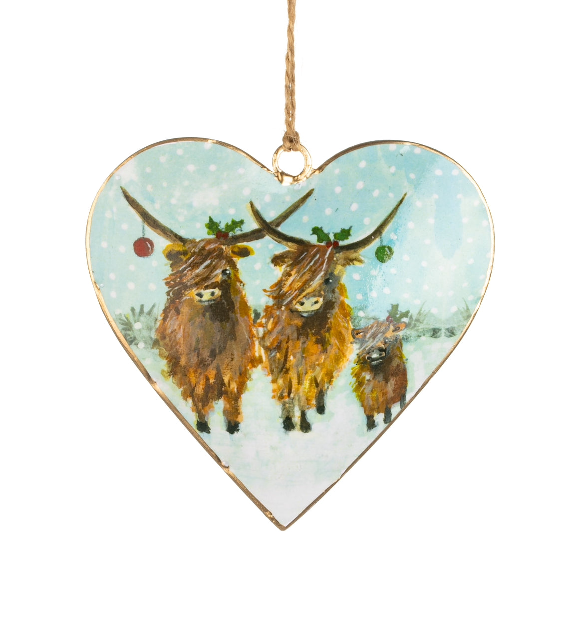 Highland cow trio on a metal heart hanging decoration
