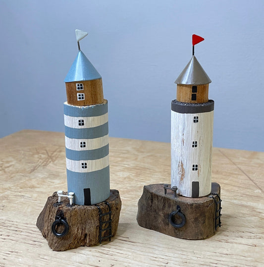 Wooden lighthouse ornament - grey & white or blue stripe.  By Shoeless Joe