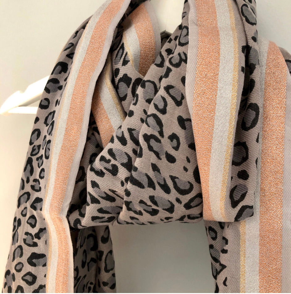 Grey and pink leopard print scarf by piece of mind