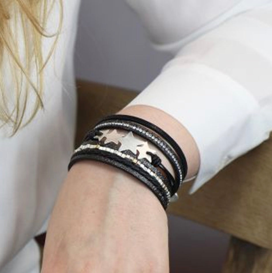 Black leather, scratched stars and crystal multi strand bracelet by POM