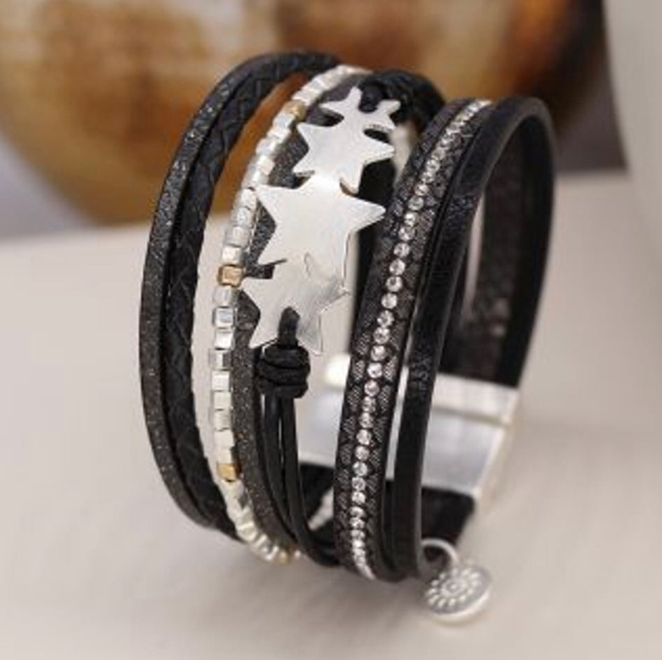 Black leather, scratched stars and crystal multi strand bracelet by POM