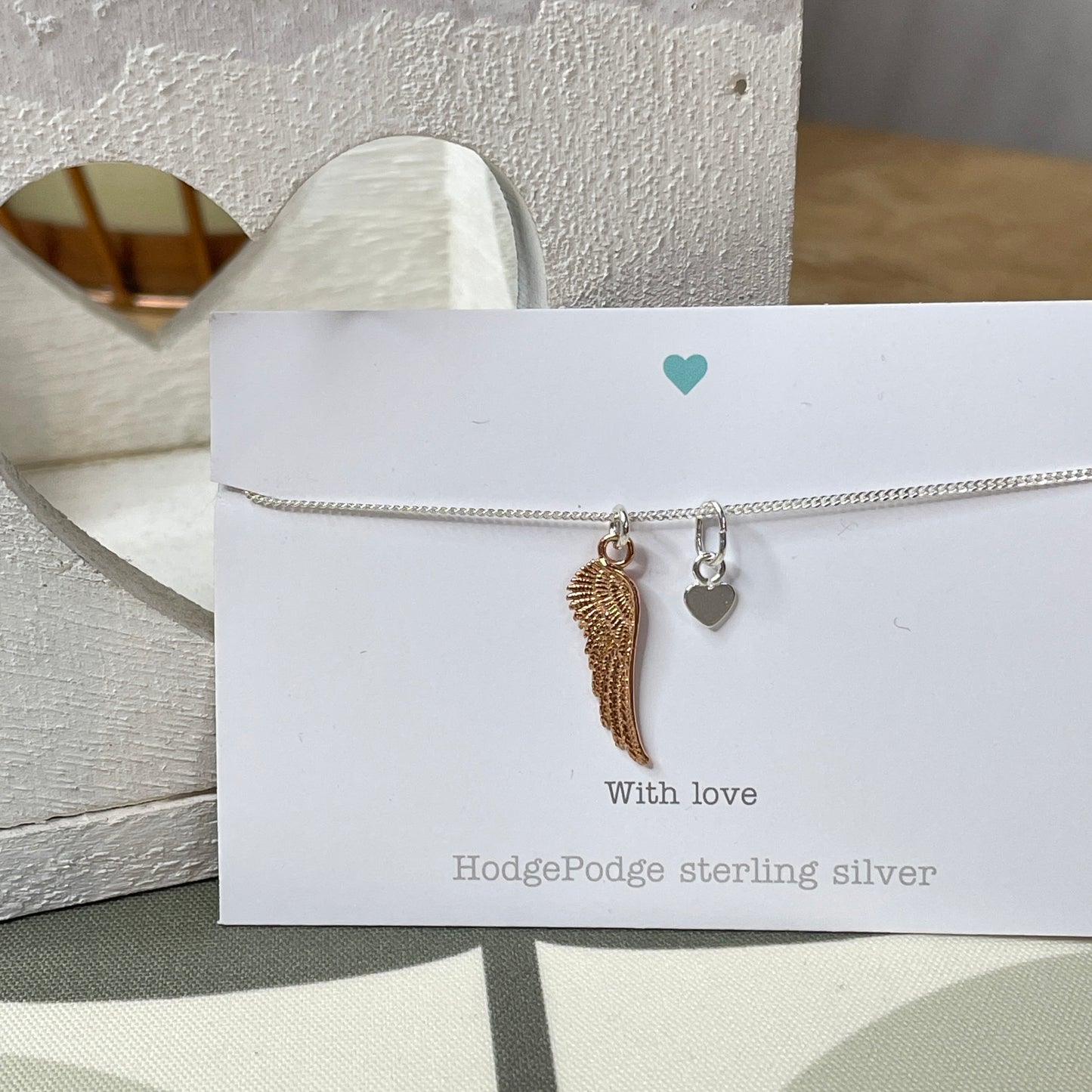 Angel wing and heart sterling silver necklace