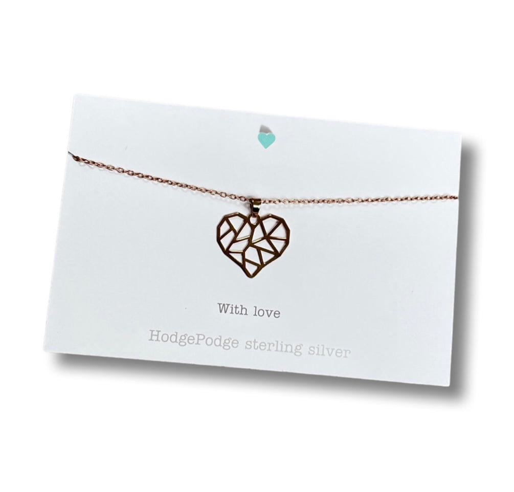 Filigree heart pendant necklace. Sterling silver Rose gold plate