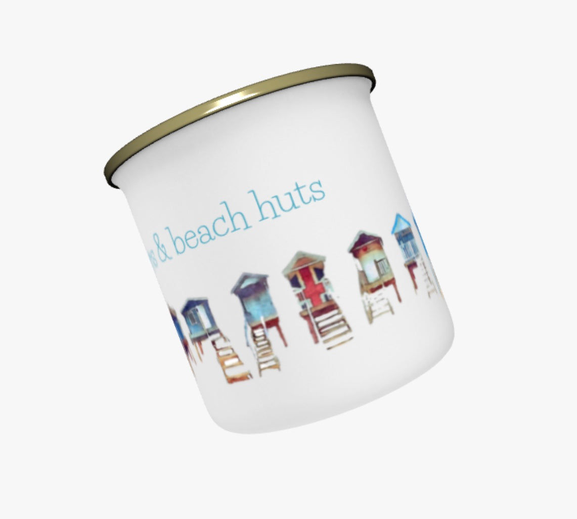 Blue skies & beach huts enamel or fine bone China mug