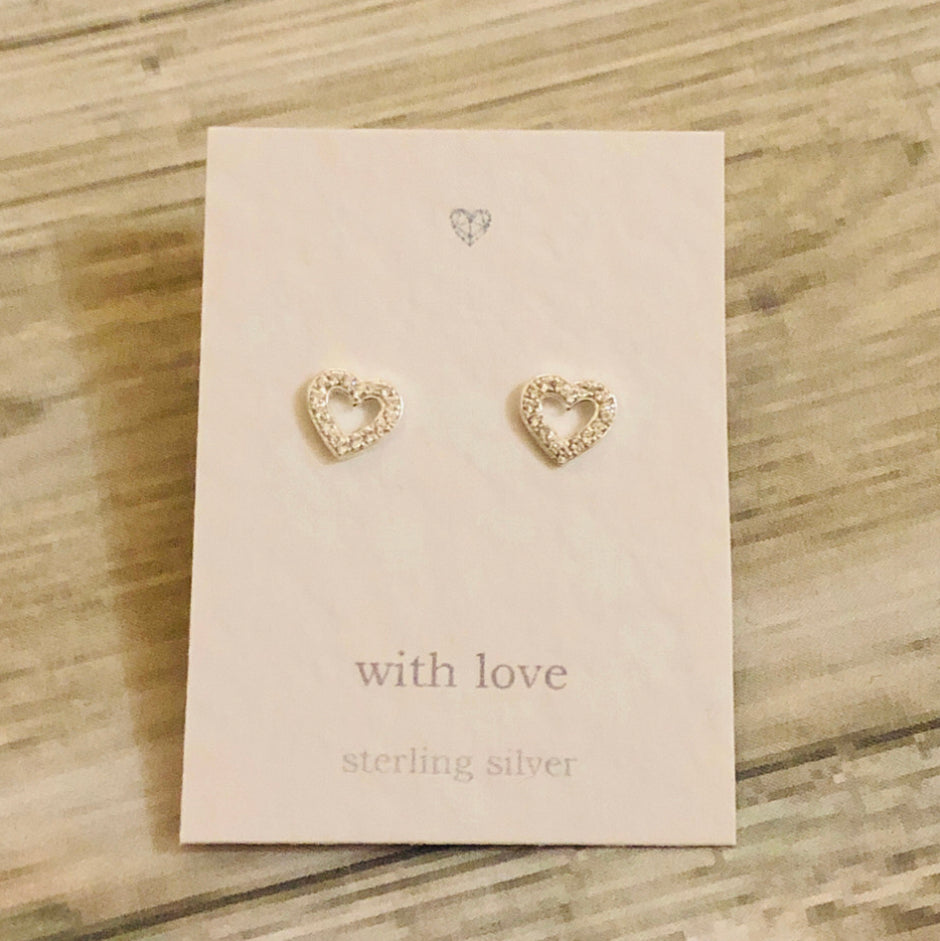 Heart outline cubic zirconia sterling silver stud earrings.