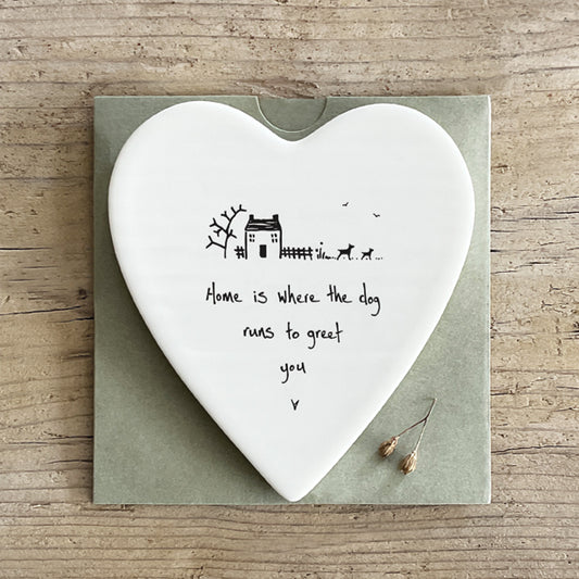 Home is where the dog runs to greet you ceramic heart coaster by East of India