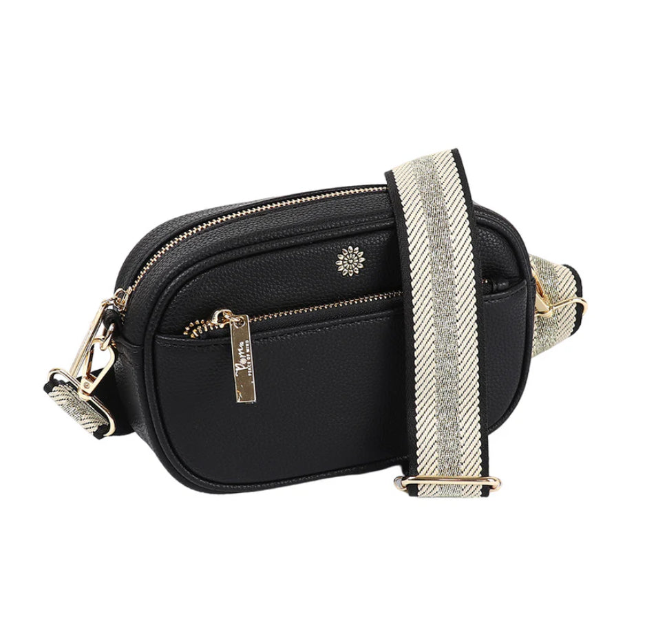 Black vegan leather front zip small camera bag with lurex stripe woven strap