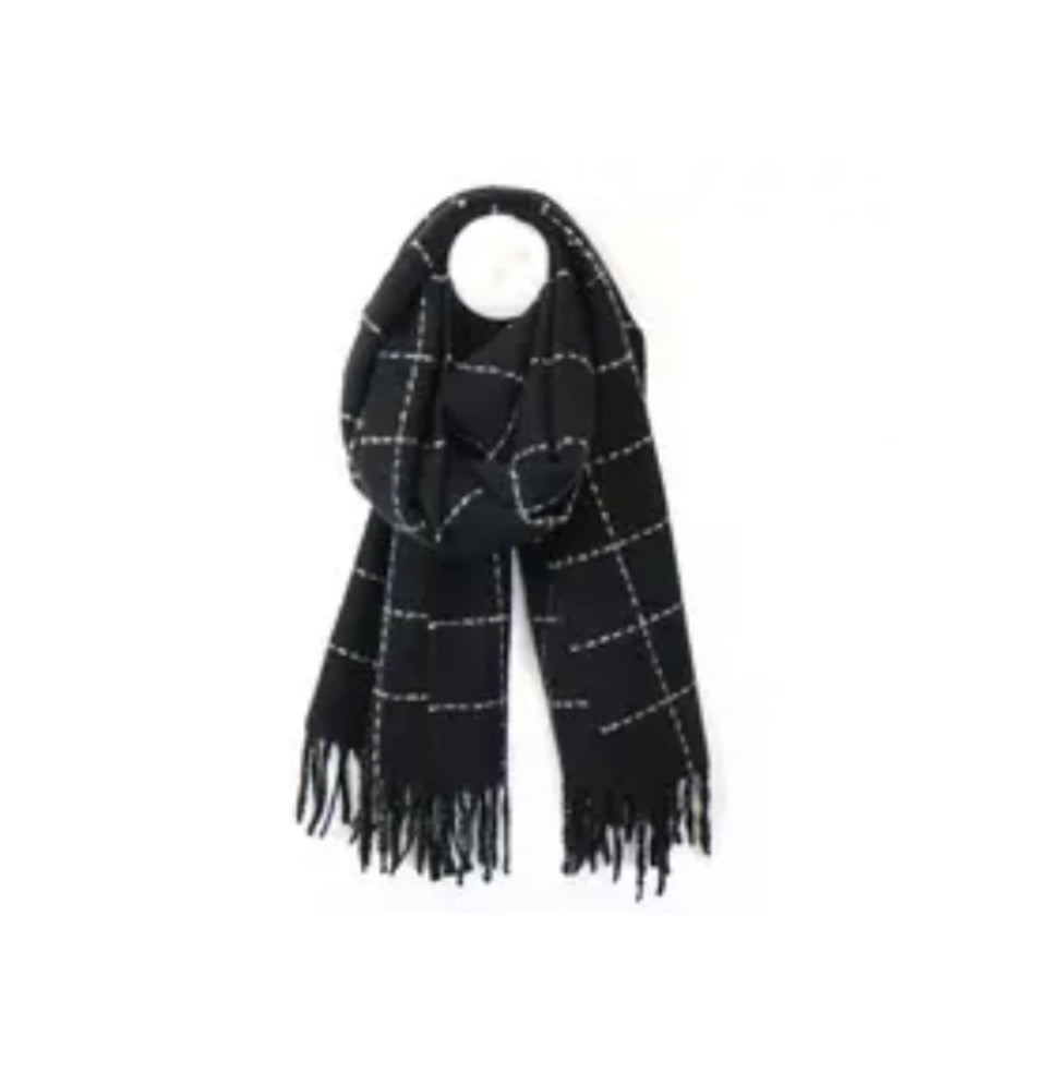Black fine check scarf with fringe