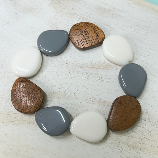 Wood & Resin Bracelet Elasticated Wooden Bracelet - White/Grey/Brown