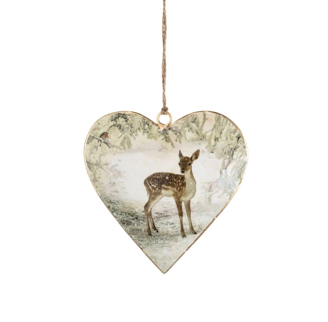 Tin heart with deer & robin. Hanging decoration