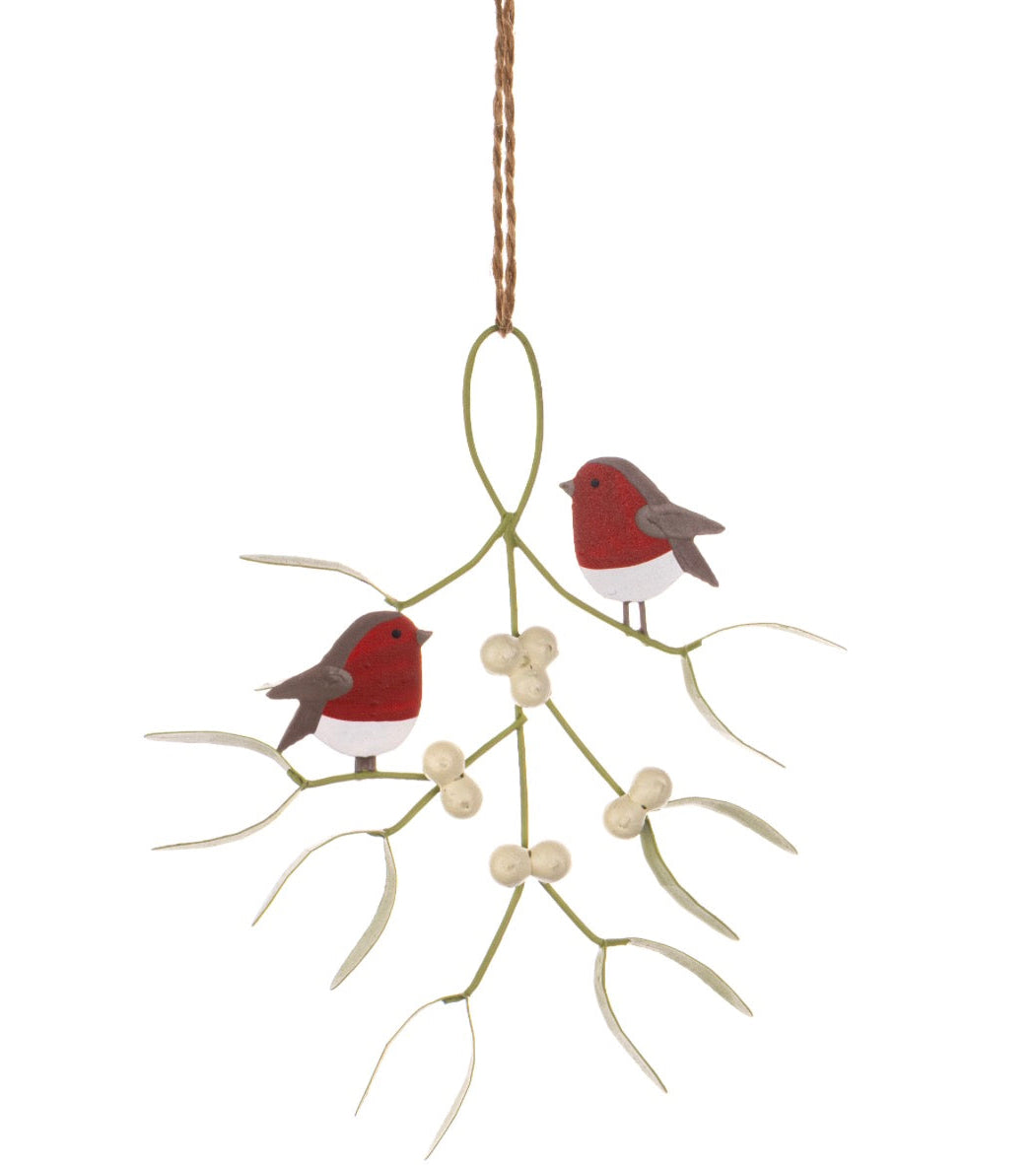 Duo of Robins on Mistletoe Hanging decoration.
