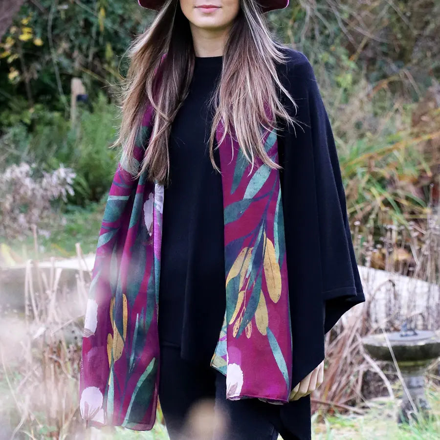 Recycled aubergine botanical print scarf