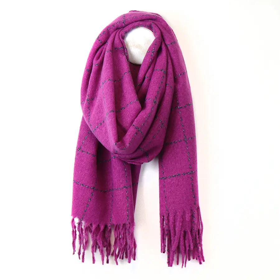 Magenta running stitch check scarf