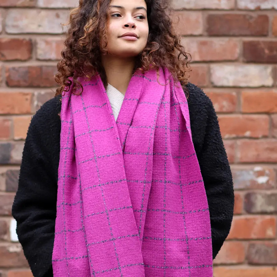 Magenta running stitch check scarf