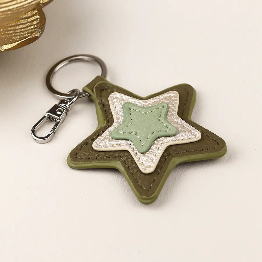 Khaki mix faux leather star keyring