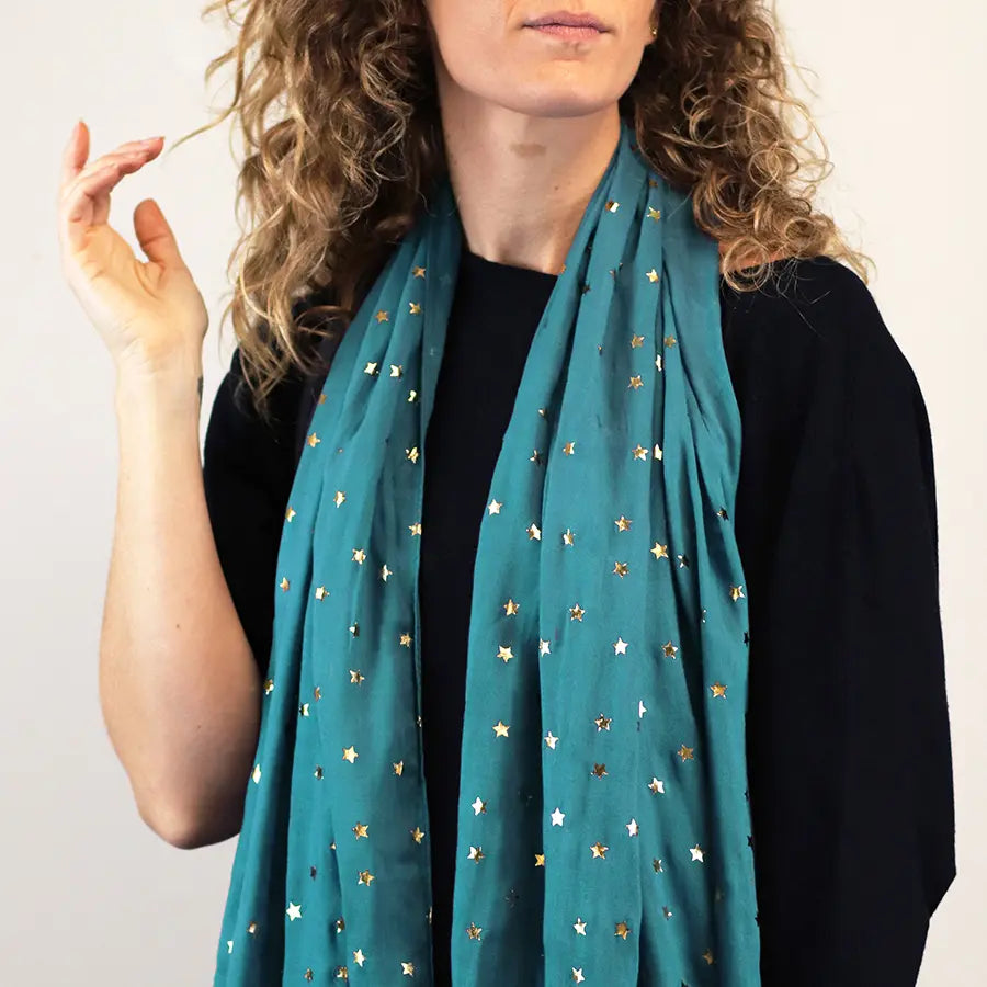 Teal scarf with metallic star print