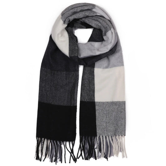Super soft black & white large checked tassel scarf