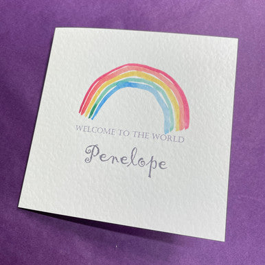 Welcome to the world personalised new baby name rainbow card.