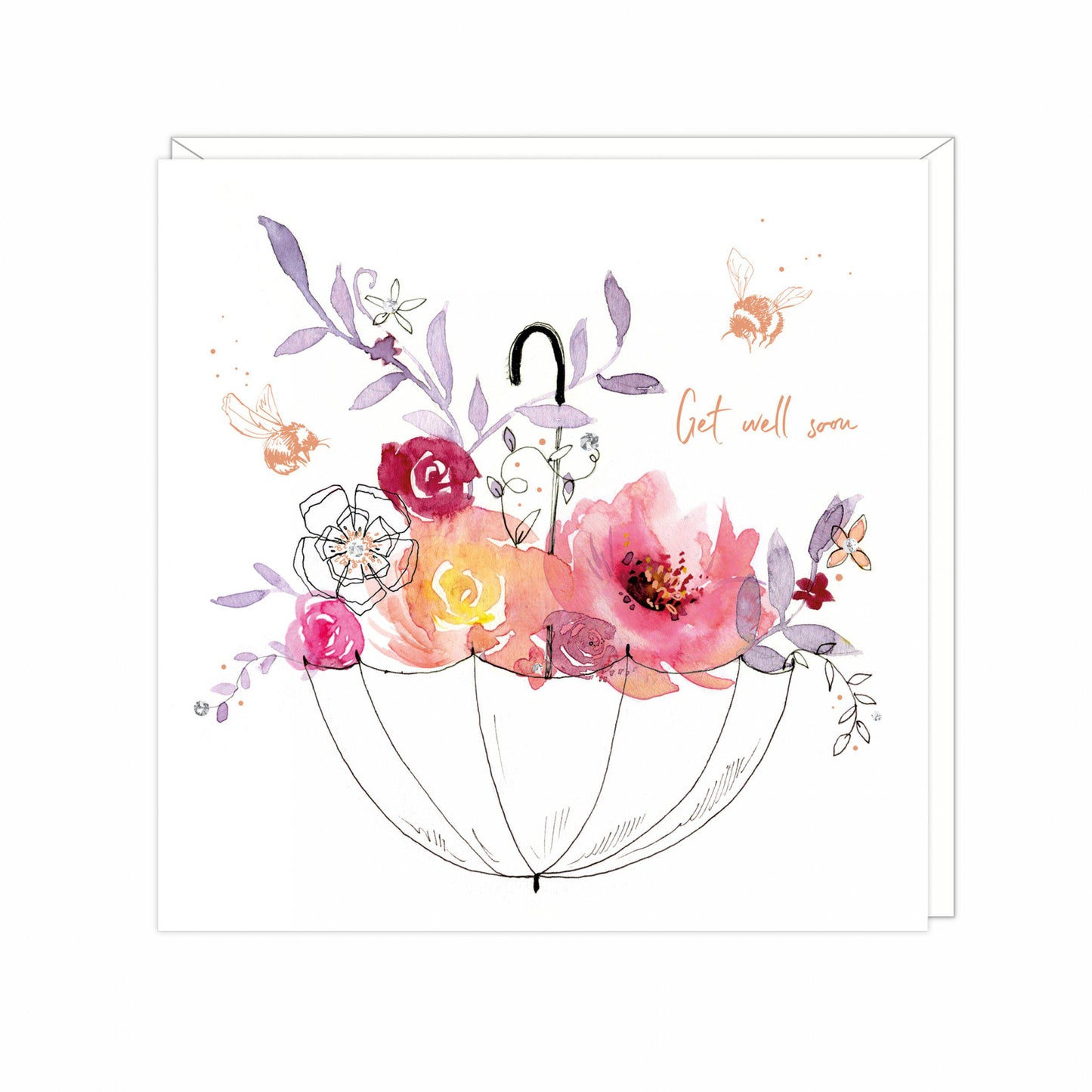 Get well soon card. Bumblebee & umbrella