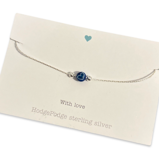 Heart bead fine chain sterling silver bracelet