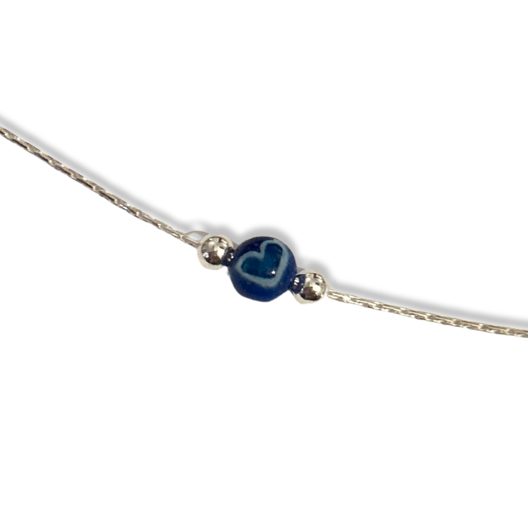 Heart bead fine chain sterling silver bracelet