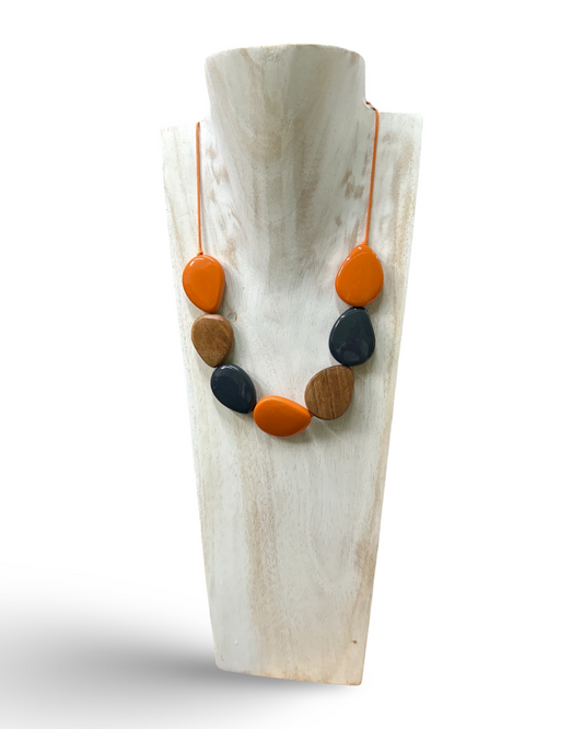 Resin & Wood Pebble Necklace - Orange/Grey/Brown By Suzie Blue