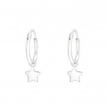 Huggie hoop earrings with dangle star. Sterling silver