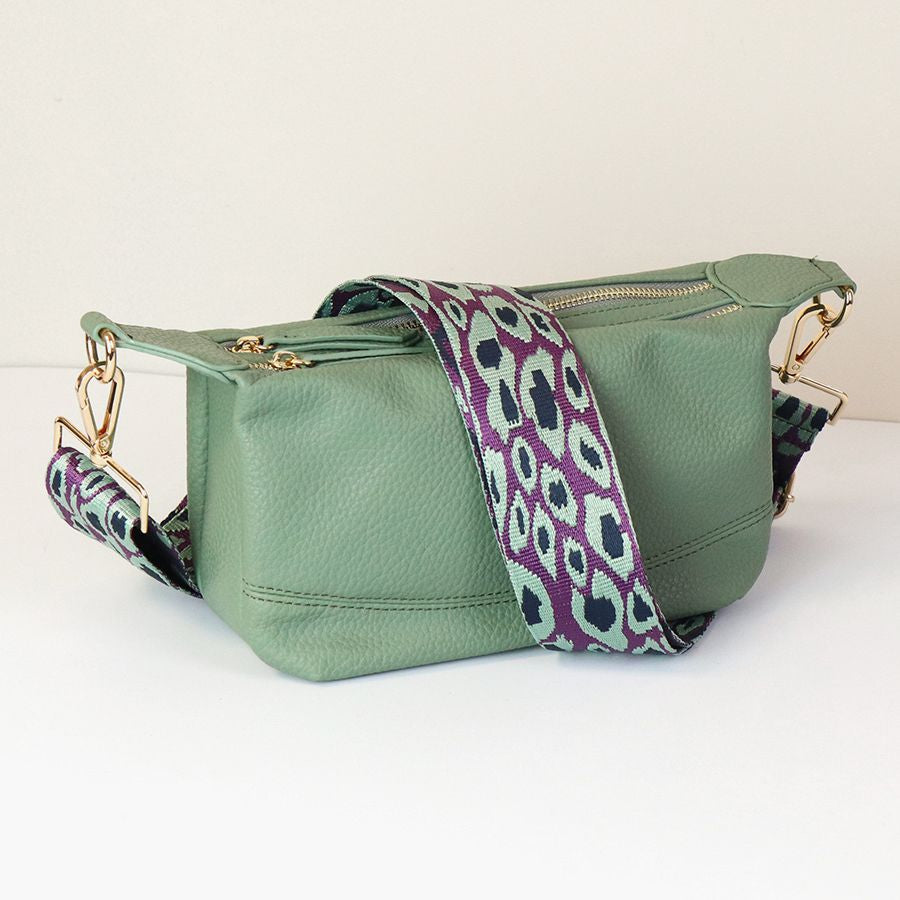 Pale green Vegan Leather double zip bag with removable purple animal strap
