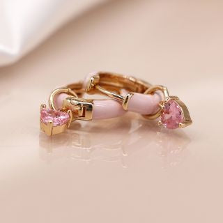 Pink enamel huggie hoop and crystal drop earrings