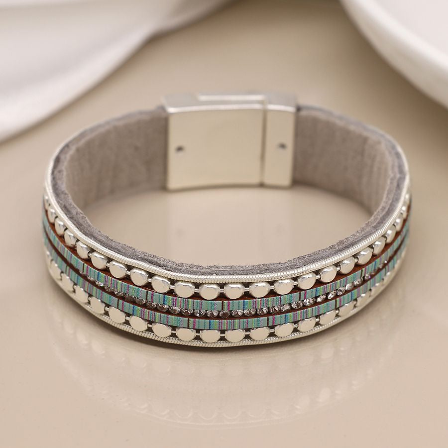 Grey, aqua and silver plated leather bracelet. Magnetic clasp.
