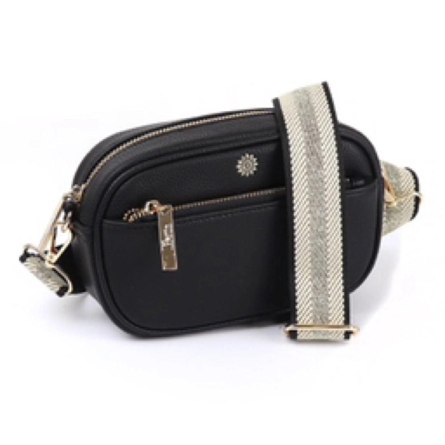 Black vegan leather front zip small camera bag with lurex stripe woven strap
