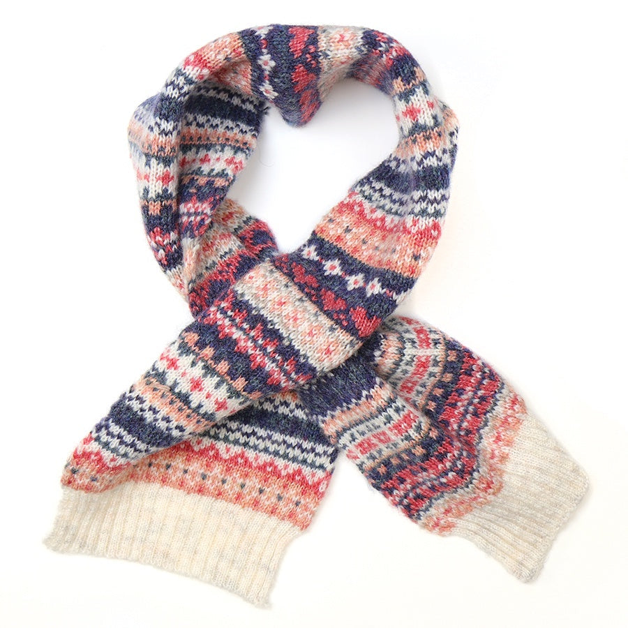 POM Fairisle Knitted Short Pull Through Scarf - Cream Denim & Coral