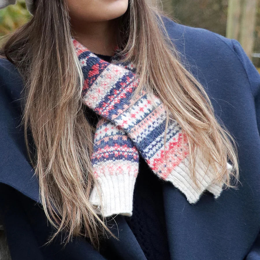 POM Fairisle Knitted Short Pull Through Scarf - Cream Denim & Coral