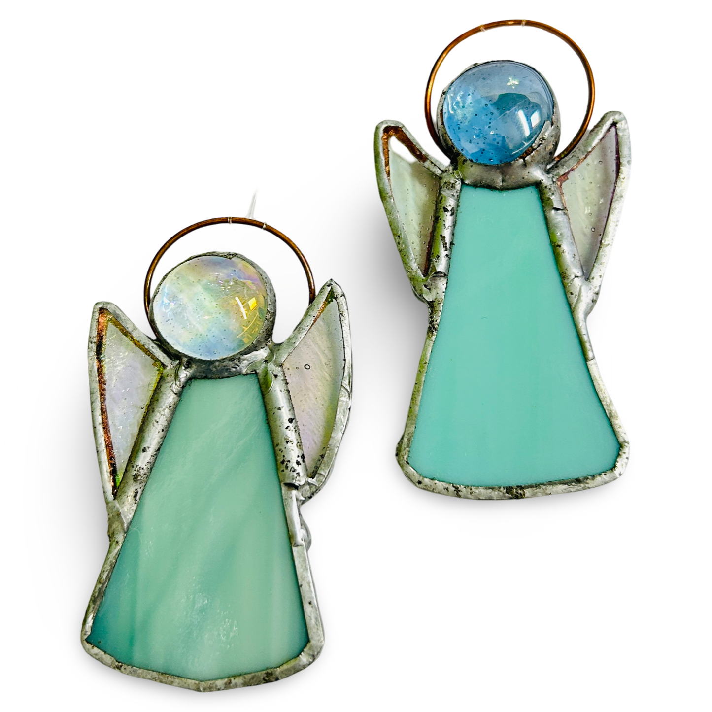 Perc's stained glass guardian angel hanging decoration in blue. Handmade in Norfolk.