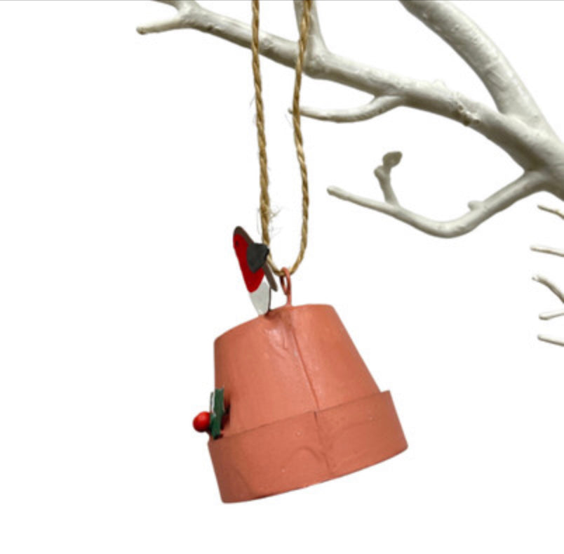 Robin sitting on plant pot Christmas tree decoration by Shoeless Joe