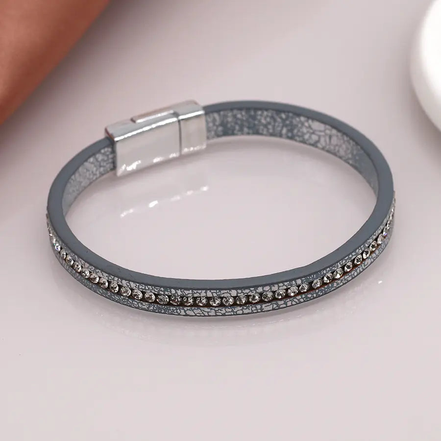 Grey leather and crystal magnetic bracelet