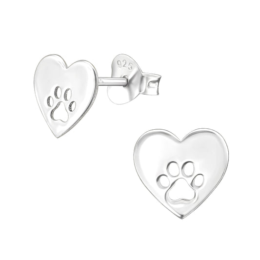 Heart paw print sterling silver stud earrings