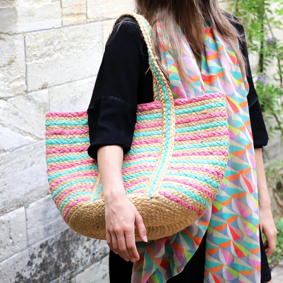 Pink and aqua recycled paper and jute bag