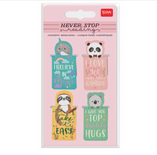 Never stop reading , set of 4 magnetic bookmarks. Sloth, panda, narwhale & koala